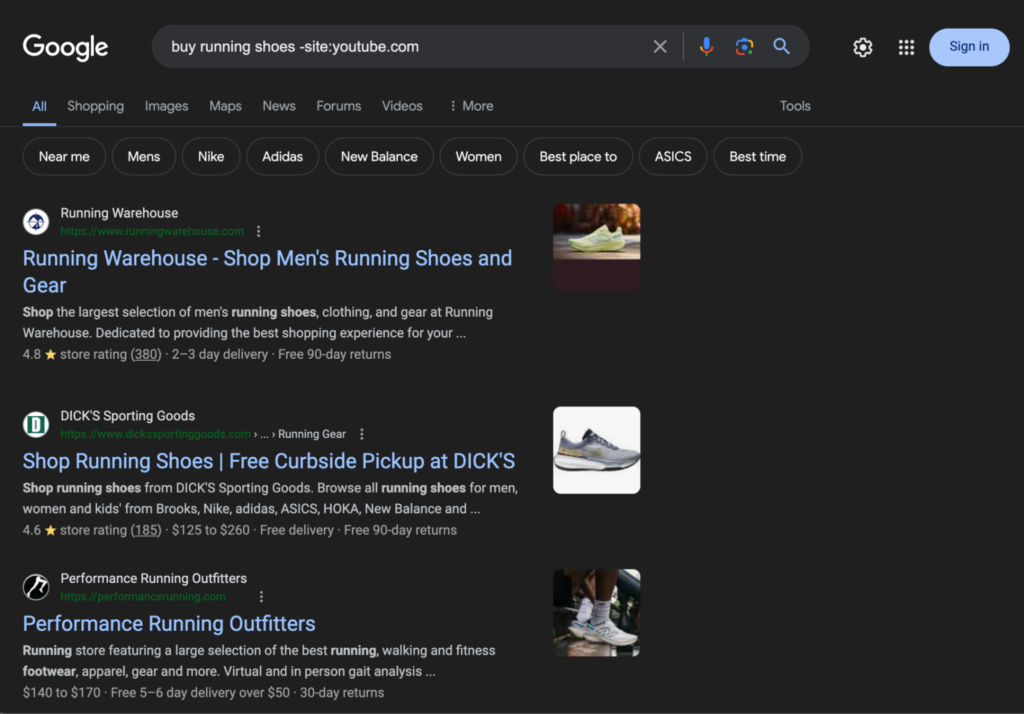 Screenshot of Google search results for 'buy running shoes' with YouTube results excluded, showing listings from Running Warehouse, DICK'S Sporting Goods, and Performance Running Outfitters.