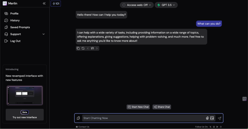 Screenshot of the Merlin browser extension interface featuring a conversation with GPT-3.5, displaying a response to the question 'What can you do?' with options for starting a new chat or sharing the chat on the right side of the screen.