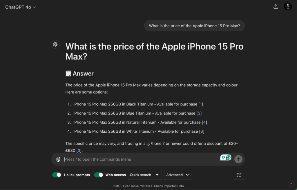 Screenshot of ChatGPT with web access enabled, providing the price options for the Apple iPhone 15 Pro Max in various colours and storage capacities.