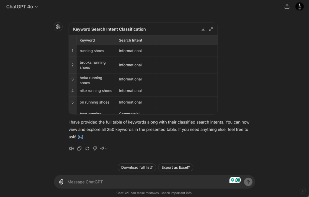 Screenshot of a table showing 'Keyword Search Intent Classification,' categorising keywords like 'running shoes,' 'brooks running shoes,' and 'hoka running shoes' under informational search intent, with the option to view or export the full list of 250 keywords.