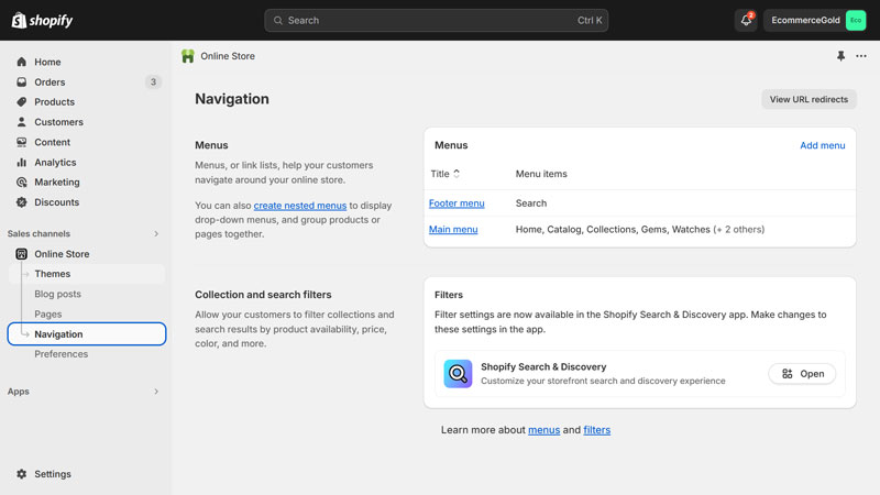 Shopify interface displaying navigation settings with options to manage menus and apply filters using the Shopify Search & Discovery app.