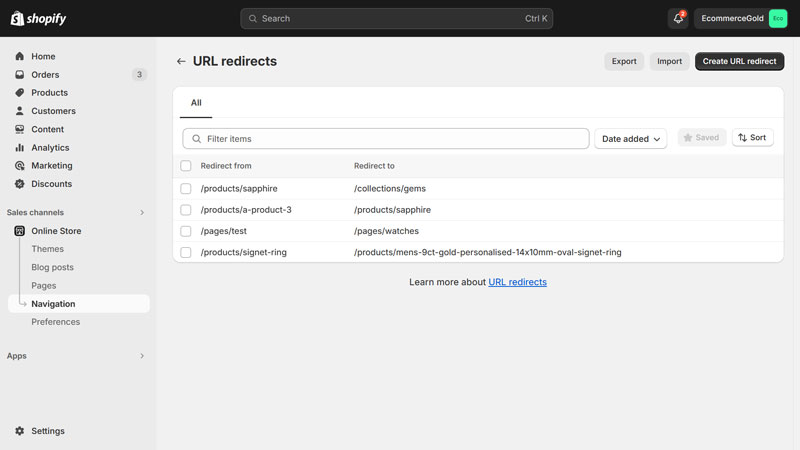 dashboard showing URL redirect management interface with a list of current redirects and options to create new redirects.