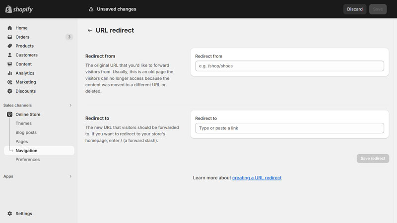 Shopify interface for setting up a URL redirect, including fields for the old URL and the new URL destination.