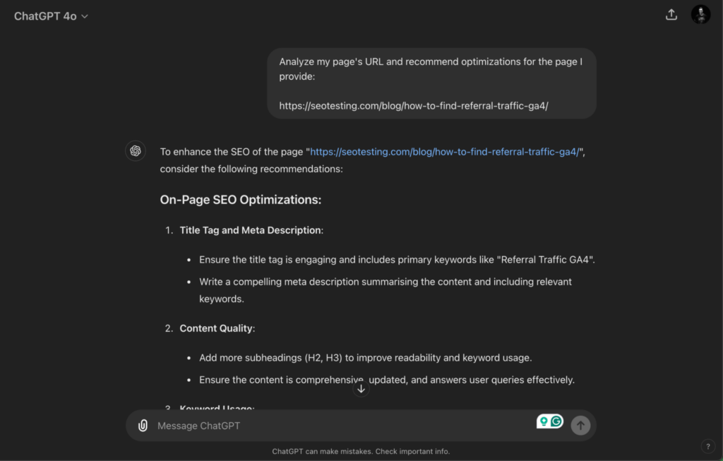 Screenshot of a ChatGPT response providing on-page SEO optimisation recommendations for a specific URL, focusing on title tag and meta description, content quality, and keyword usage.