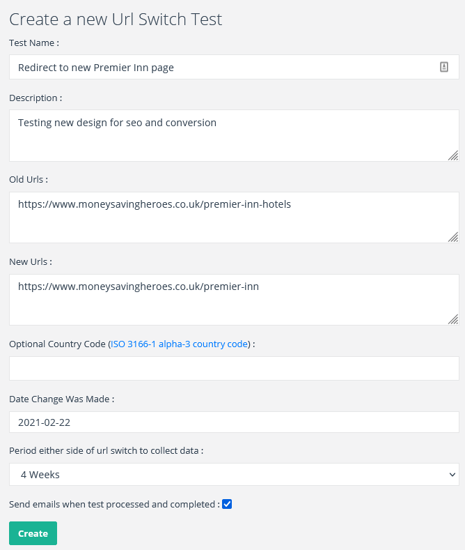 Interface for creating a new URL switch test, featuring fields for old and new URLs, test name, description, and date settings.