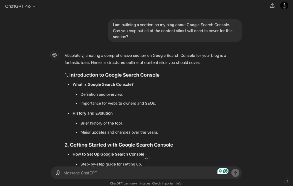 Screenshot of a ChatGPT-generated outline for content silos on a blog section about Google Search Console, including topics such as introduction, history, and getting started with Google Search Console.