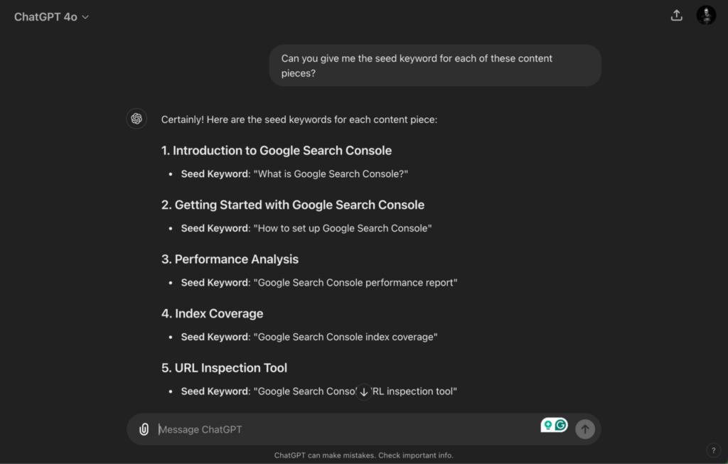 Screenshot of a ChatGPT response providing seed keywords for content pieces about Google Search Console, including 'What is Google Search Console?' and 'How to set up Google Search Console.'