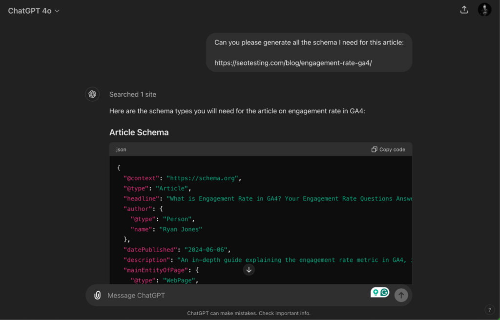 Screenshot of a ChatGPT response generating the necessary schema markup for an article on engagement rate in GA4, including JSON-LD code for the article schema with details like the headline, author, and publication date.