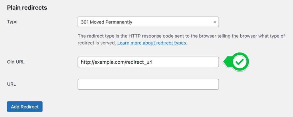 WordPress interface for setting up a 301 permanent redirect, including fields for the old URL and the new URL.