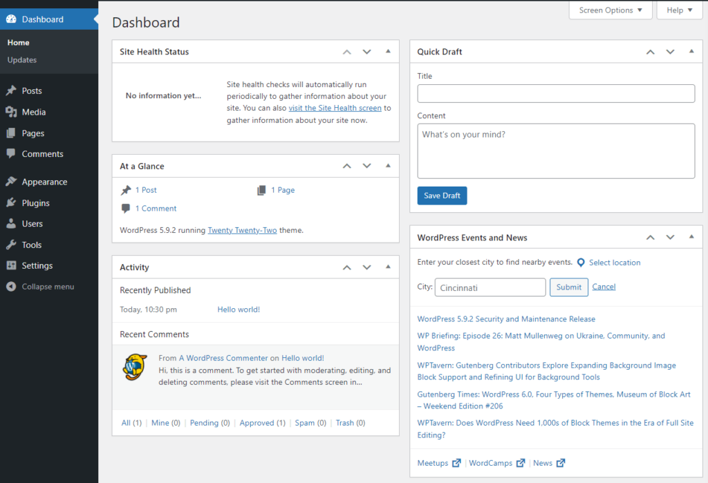 WordPress dashboard overview displaying site health status, recent posts, and quick draft options.