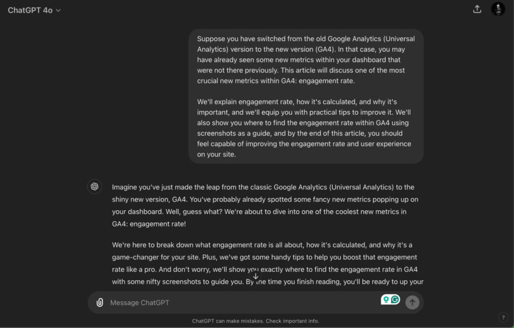 Screenshot of a ChatGPT conversation demonstrating two different writing styles for introducing an article about engagement rate in Google Analytics 4 (GA4), highlighting how the metric is calculated, its importance, and tips for improvement.