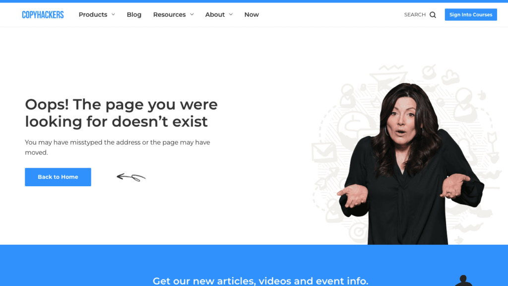 The image shows a 404 error page from "CopyHackers" with the message "Oops! The page you were looking for doesn't exist." The page suggests that the user may have mistyped the address or the page may have been moved. There is a button labelled "Back to Home" for navigation, along with an illustration of a person shrugging to emphasise the confusion or error in locating the page.