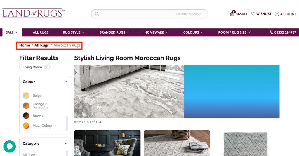 Breadcrumb navigation on the Land of Rugs website, showing the user path as "Home / All Rugs / Moroccan Rugs." The page features filters for selecting rug colour and category, along with a product display of stylish living room Moroccan rugs, showcasing 154 items with multiple images of available rug styles.