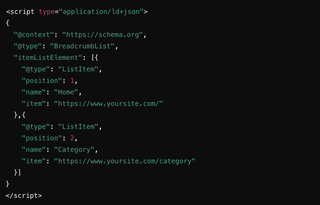 The image shows a breadcrumb schema in JSON-LD format. It defines two breadcrumb list items: "Home," which links to the homepage, and "Category," which links to a category page. This structured data helps search engines understand the page hierarchy, improving navigation and SEO.