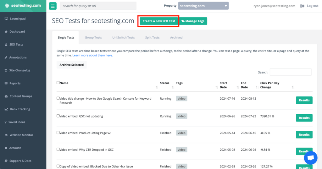 The image shows the "SEO Tests" section for seotesting.com, with the option to "Create a new SEO Test" highlighted at the top. Below it, there is a list of existing SEO tests, displaying columns for the name of the test, its status, associated tags, start and end dates, and the click-per-day change percentage. Some tests are labelled as "Running" while others are marked as "Finished." Next to each completed test is a "Results" button, allowing the user to review the outcomes. The left-hand navigation bar contains links to various tools like reports, content groups, and rank tracking.