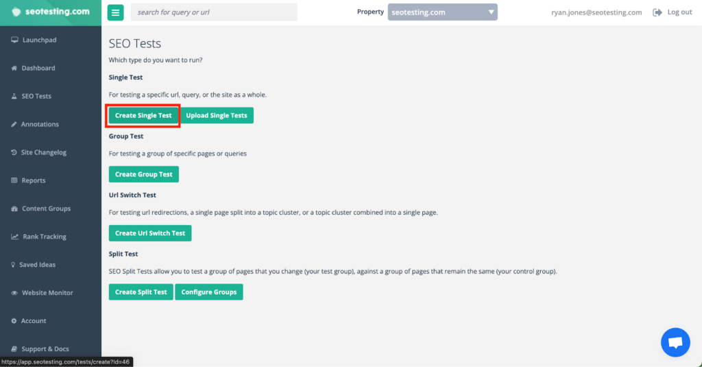 This image displays the "SEO Tests" section for seotesting.com, where users can create various types of SEO tests. The highlighted button "Create Single Test" is used for testing a specific URL, query, or the entire site. Other options include "Upload Single Tests," "Create Group Test," "Create URL Switch Test," and "Create Split Test." These features allow users to test individual pages or groups of pages, test redirections, or conduct split tests to compare changes. The left-hand navigation includes sections for reports, content groups, rank tracking, and website monitoring.