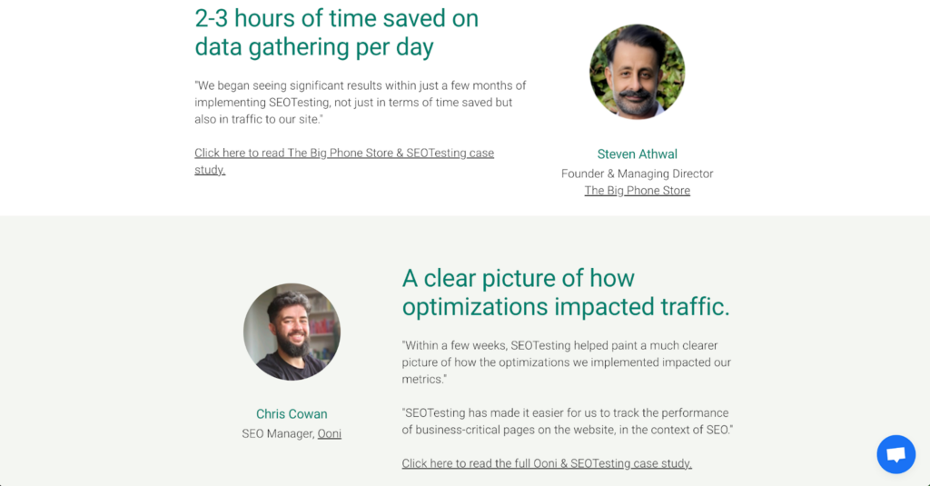 Customer testimonials section on SEOTesting.com featuring reviews from Steven Athwal, Founder of The Big Phone Store, and Chris Cowan, SEO Manager at Ooni. Both testimonials highlight time saved on data gathering and improved clarity on the impact of SEO optimisations, with links to full case studies for each business.