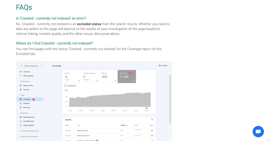 FAQ section on a blog post discussing the status "Crawled - currently not indexed" on SEOTesting.com. The section explains that this is an excluded status rather than an error and provides guidance on where to find it in the Google Search Console Coverage report. A screenshot of the Coverage report is also displayed below the explanation.