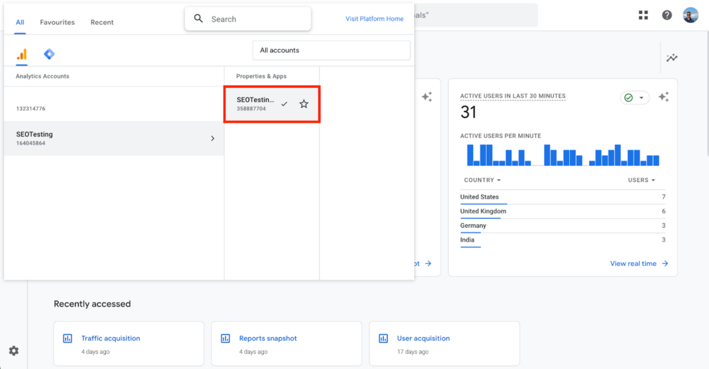 Google Analytics 4 dashboard displaying account and property selection screen with SEOTesting.com property highlighted, along with real-time user data by country.