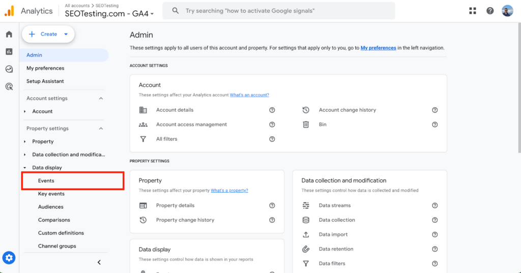 Google Analytics 4 Admin settings page for SEOTesting.com with the Events tab highlighted in the left-hand navigation, showing account and property settings options.