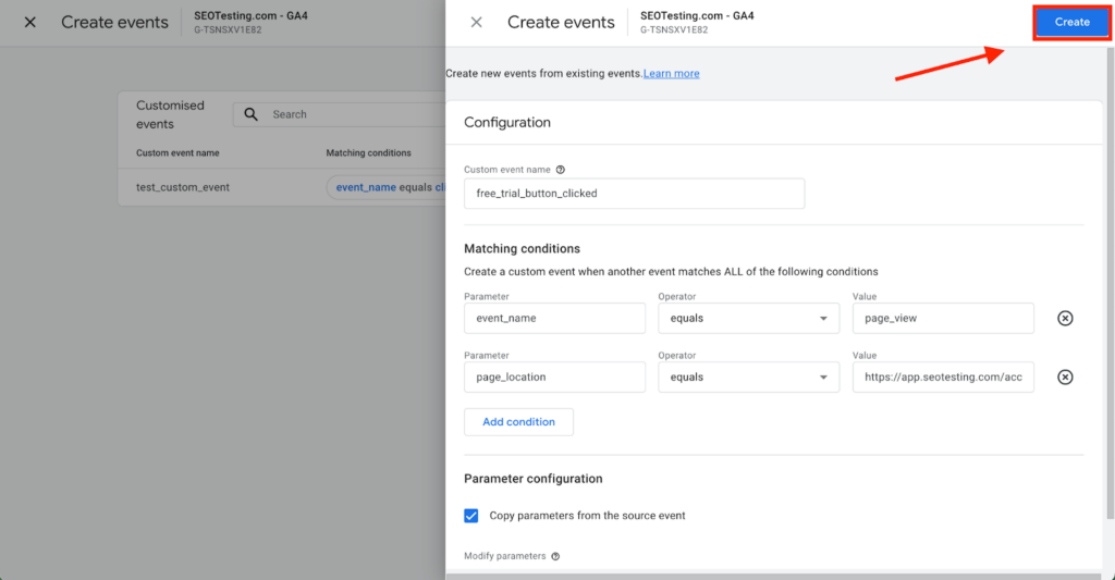 Google Analytics 4 event creation screen with a customised event named 'free_trial_button_clicked' configured with matching conditions, and the 'Create' button highlighted to finalise the event creation.