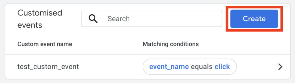 Google Analytics 4 customised events creation screen with a search bar, custom event name, and matching conditions, with the 'Create' button highlighted to add a new custom event.