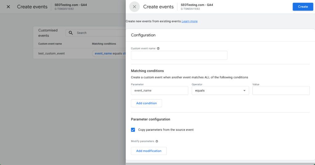 Google Analytics 4 create events configuration window showing customised event name, matching conditions for event parameters, and parameter configuration options with a 'Create' button highlighted.