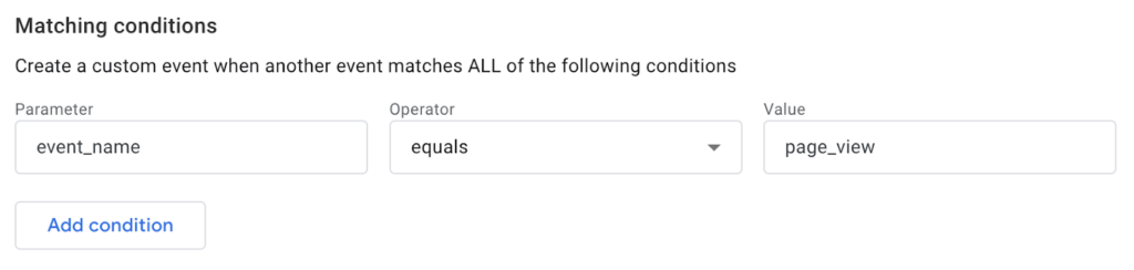 Google Analytics 4 event creation screen displaying matching conditions, with the parameter 'event_name' set to equal 'page_view' for configuring a custom event.