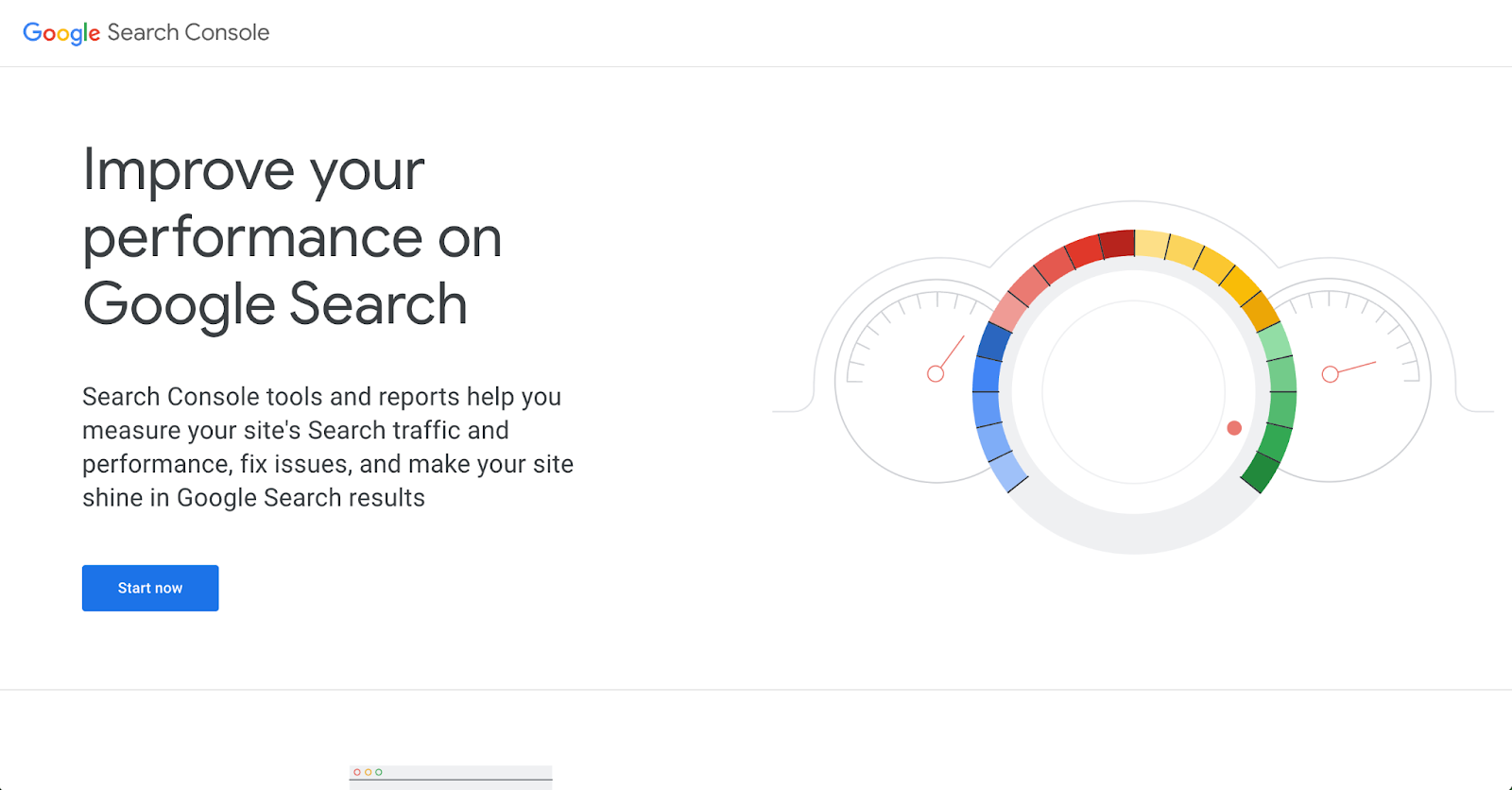 Google Search Console login page with a message encouraging users to improve their performance on Google Search. The page features a performance meter graphic on the right and a 'Start now' button in blue on the left.