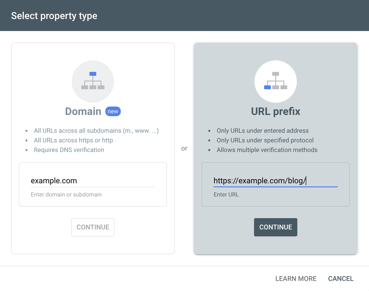 Google Search Console property type selection screen showing options for Domain and URL prefix, with example input in the URL prefix field.