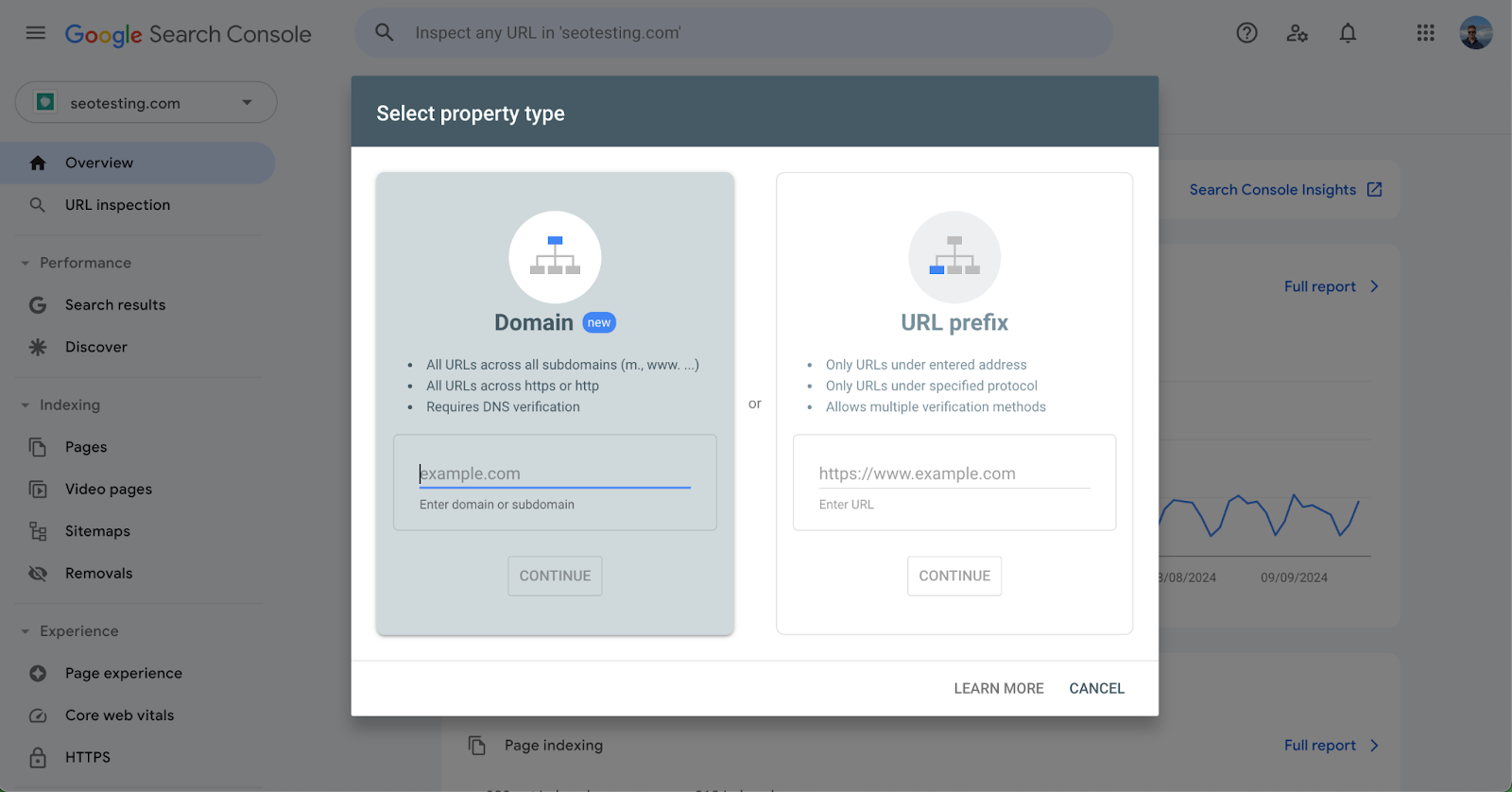 Google Search Console screen for selecting property type with options for 'Domain' (requiring DNS verification for all URLs across subdomains) and 'URL prefix' (for specific URLs under a single protocol). The background shows the main dashboard for seotesting.com.