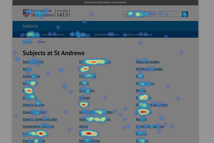 Click heatmap generated by Hotjar showing user interaction on the University of St Andrews' "Subjects" page, highlighting areas where users have clicked the most, with popular subjects and navigation links receiving the highest engagement.