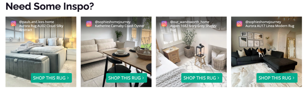 Instagram-inspired product recommendation panel on an e-commerce website featuring user-generated images of rugs in home settings. Each image showcases different rug styles, with Instagram usernames and product names, and includes "Shop This Rug" buttons for easy navigation.