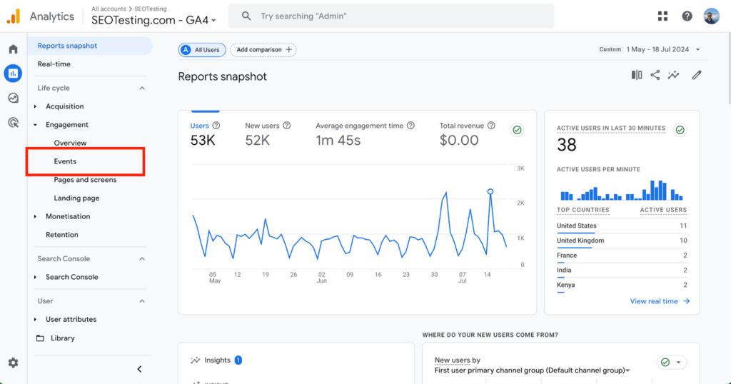 Google Analytics 4 Reports Snapshot for SEOTesting.com showing key metrics like users, engagement time, and revenue, with the Events tab highlighted in the left-hand menu for detailed event tracking.