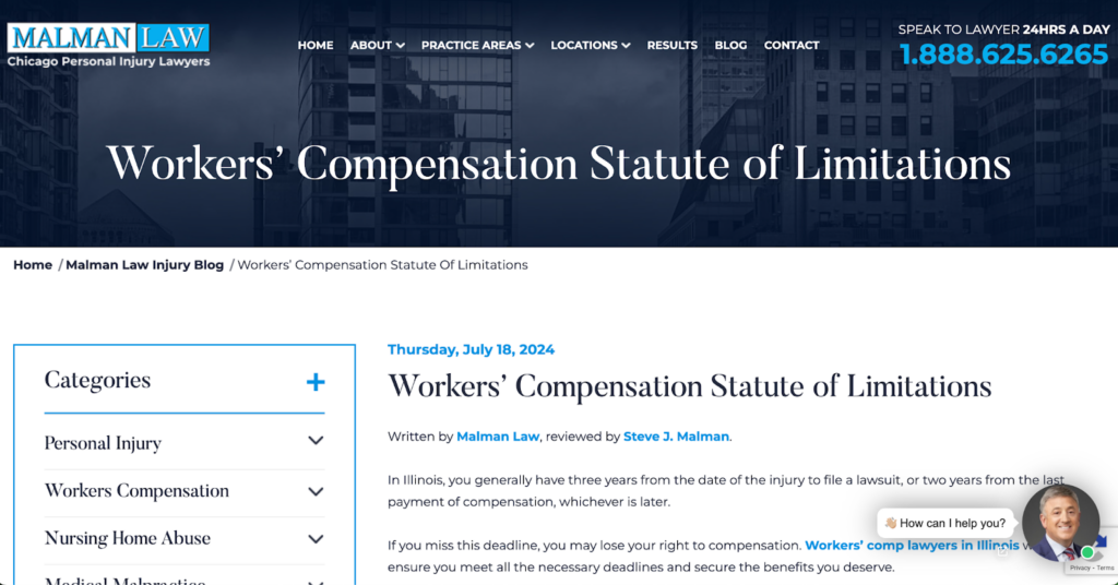 Malman Law website displaying a blog post on Workers’ Compensation Statute of Limitations, with contact information for 24/7 legal consultation and categories for personal injury, workers’ compensation, nursing home abuse, and medical malpractice services.