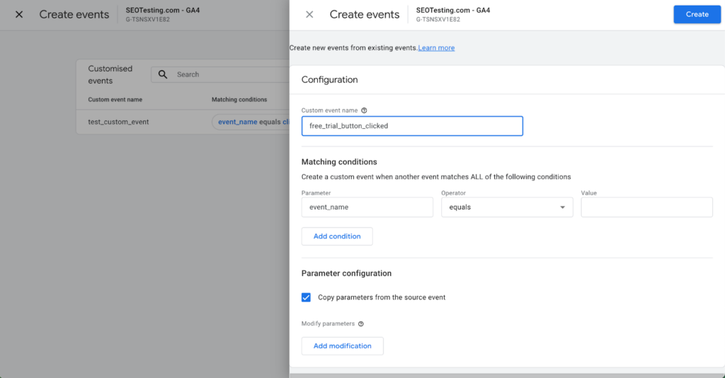 Google Analytics 4 event creation screen with a customised event named 'free_trial_button_clicked' being configured, showing matching conditions and parameter configuration options.