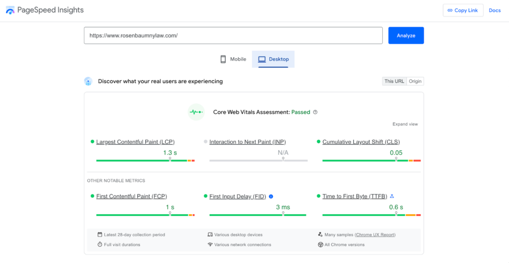 Google PageSpeed Insights report for rosenbaumnylaw.com showing a passed Core Web Vitals Assessment with a Largest Contentful Paint (LCP) of 1.3 seconds, Cumulative Layout Shift (CLS) of 0.05, First Input Delay (FID) of 3ms, and Time to First Byte (TTFB) of 0.6 seconds for the desktop version.