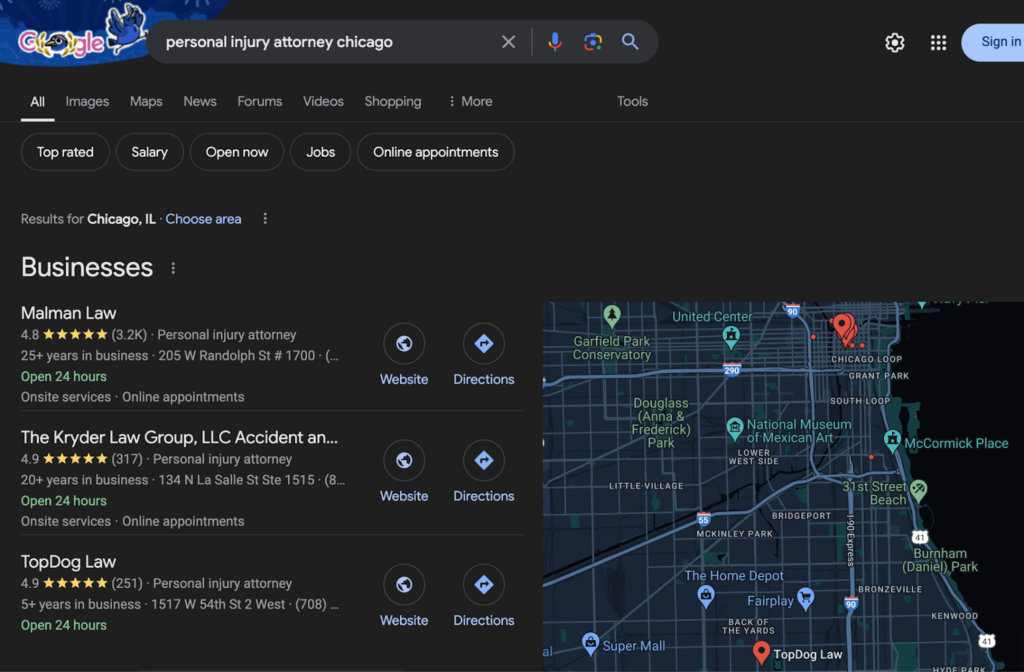 Google search results for 'personal injury attorney Chicago' featuring top local businesses such as Malman Law, The Kryder Law Group, and TopDog Law with ratings, location, and website links, alongside a map of Chicago's Loop and surrounding areas.