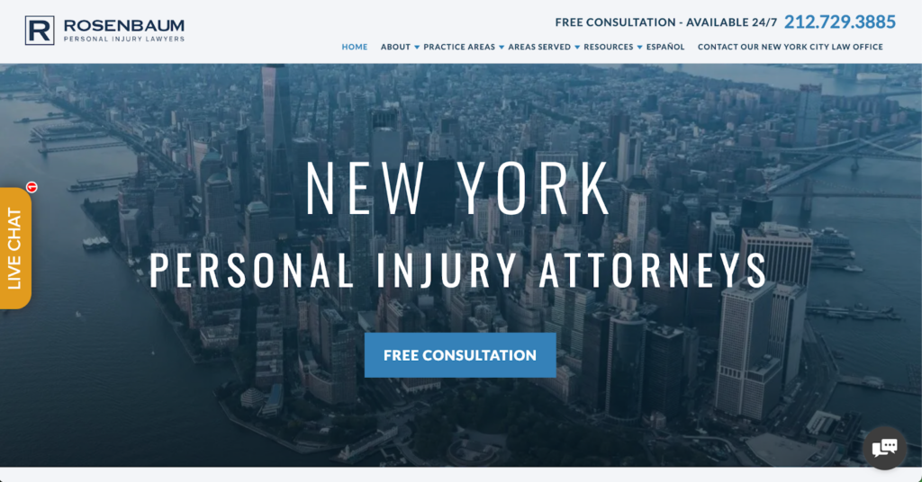 Rosenbaum Personal Injury Lawyers homepage featuring New York City skyline, offering 24/7 free consultation for personal injury cases with contact details for their New York City office.