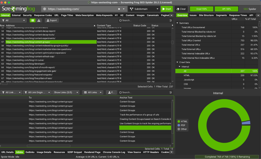 Screaming Frog SEO Spider report with the inlinks tab open, showing internal URLs and their link origins for SEOTesting.com. The highlighted URL is "/blog/content-groups/" with detailed anchor text and linking information, alongside a crawl summary and visual breakdown of internal URLs, HTML, and other file types.