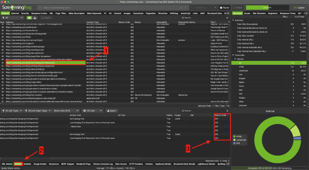 Screaming Frog SEO Spider tool displaying internal URL report for SEOTesting.com, highlighting the 'low-hanging fruit keywords' URL with inlinks, status codes, and performance data. Broken links are checked for optimisations.