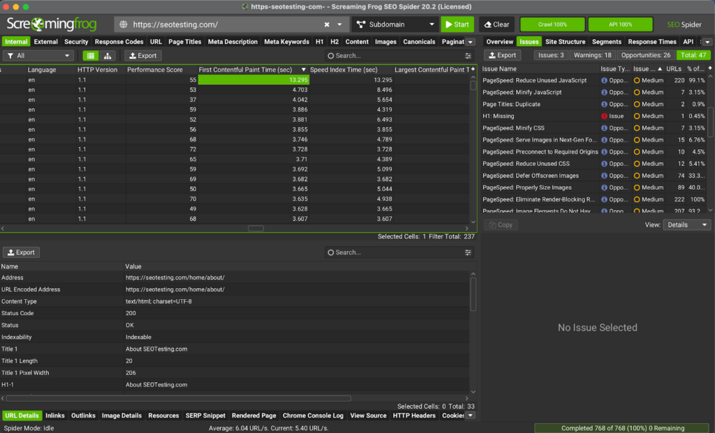 Screaming Frog report showing page performance metrics, including First Contentful Paint, Speed Index Time, and Largest Contentful Paint, alongside PageSpeed insights highlighting JavaScript and CSS optimisation opportunities for SEOTesting.com.