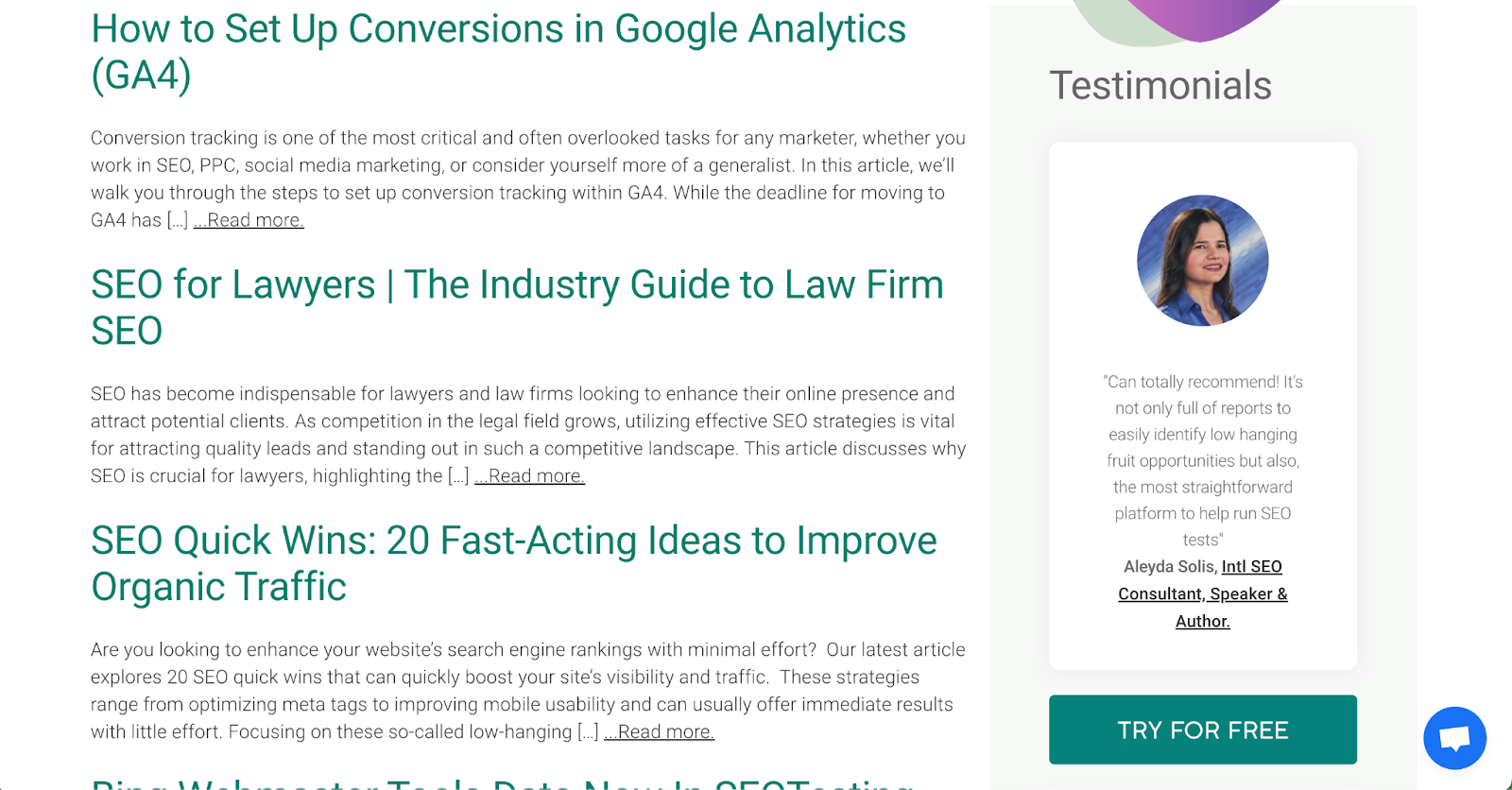 Screenshot of an SEO blog page featuring articles on setting up conversions in Google Analytics (GA4), SEO for lawyers, and SEO quick wins. On the right, a testimonial from Aleyda Solis, International SEO Consultant, Speaker, and Author, is displayed with a 'Try for Free' button below.