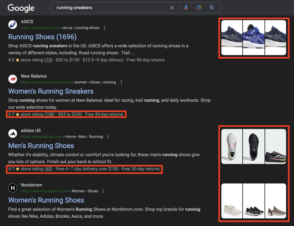 Google search results page (SERP) for "running sneakers," displaying rich snippets with product images, star ratings, price ranges, and delivery/return policies for ASICS, New Balance, Adidas, and Nordstrom.