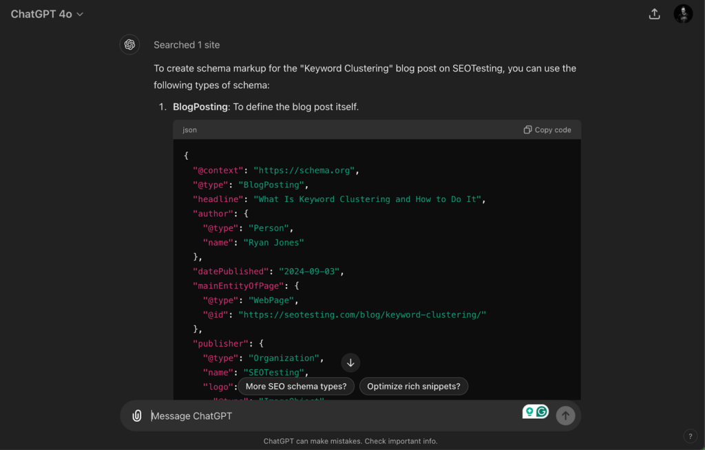 Screenshot of ChatGPT generating schema markup for a blog post titled "What Is Keyword Clustering and How to Do It" on SEOTesting.com, with JSON-LD code defining schema types such as BlogPosting, author details, date published, and publisher information.