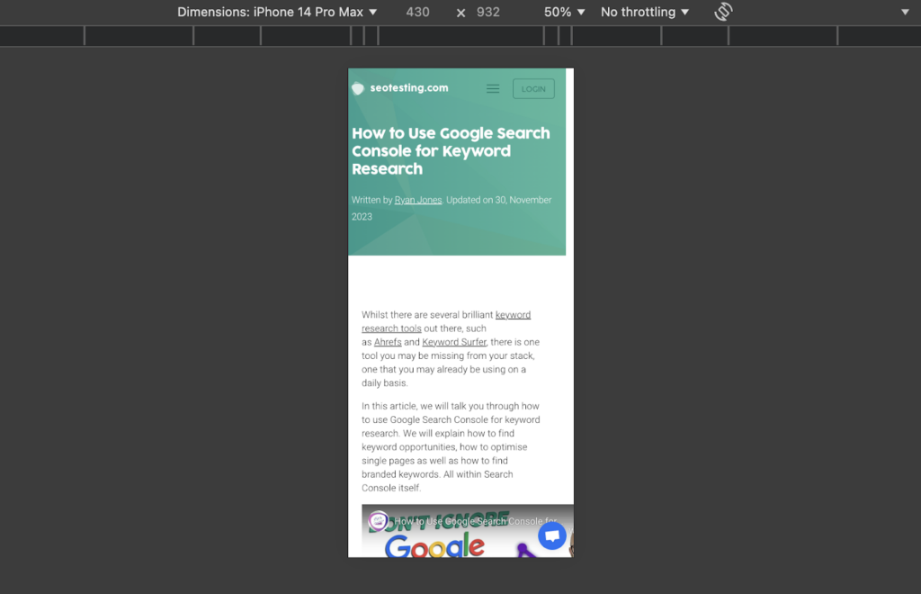 Mobile view of a blog post titled "How to Use Google Search Console for Keyword Research" on SEOTesting.com, displayed on an iPhone 14 Pro Max screen, showing an article about keyword research tools and strategies.