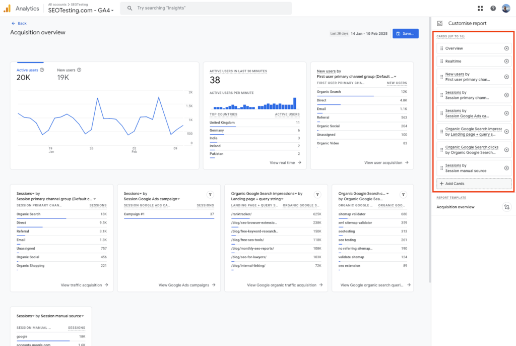 Google Analytics 4 (GA4) Acquisition Overview report with customization cards highlighted, showing user traffic sources and session data.