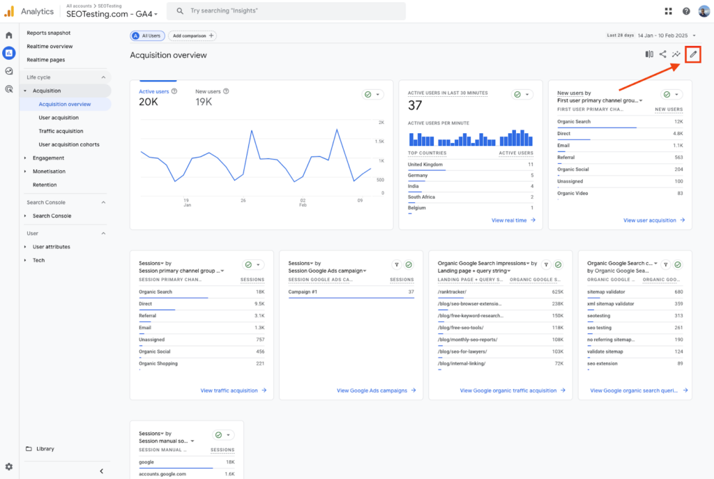 Google Analytics 4 (GA4) Acquisition Overview report with the edit button highlighted, allowing customization of the report.