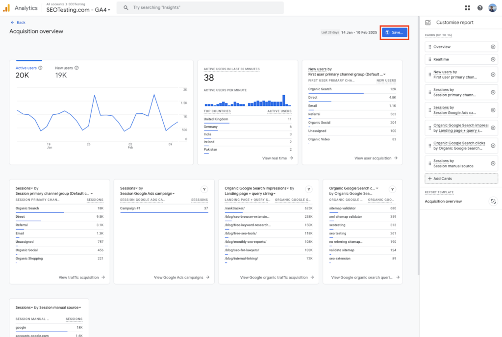 Google Analytics 4 (GA4) Acquisition Overview report with the save button highlighted, indicating how to save a customized report.