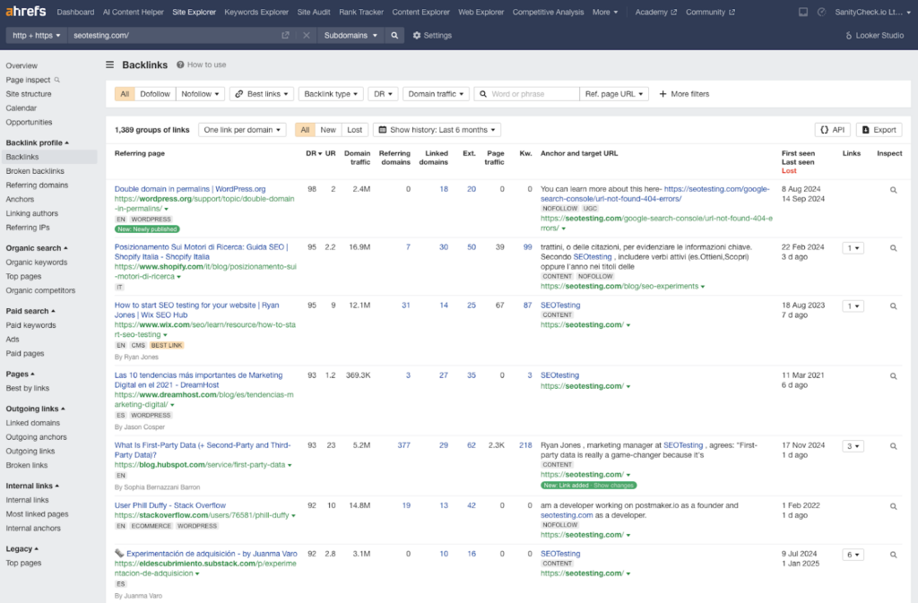 Ahrefs backlink report for seotesting.com, displaying referring domains, domain ratings, and link attributes. The report highlights backlinks from high-authority sites like WordPress, Shopify, and HubSpot, with details on lost and newly acquired links.